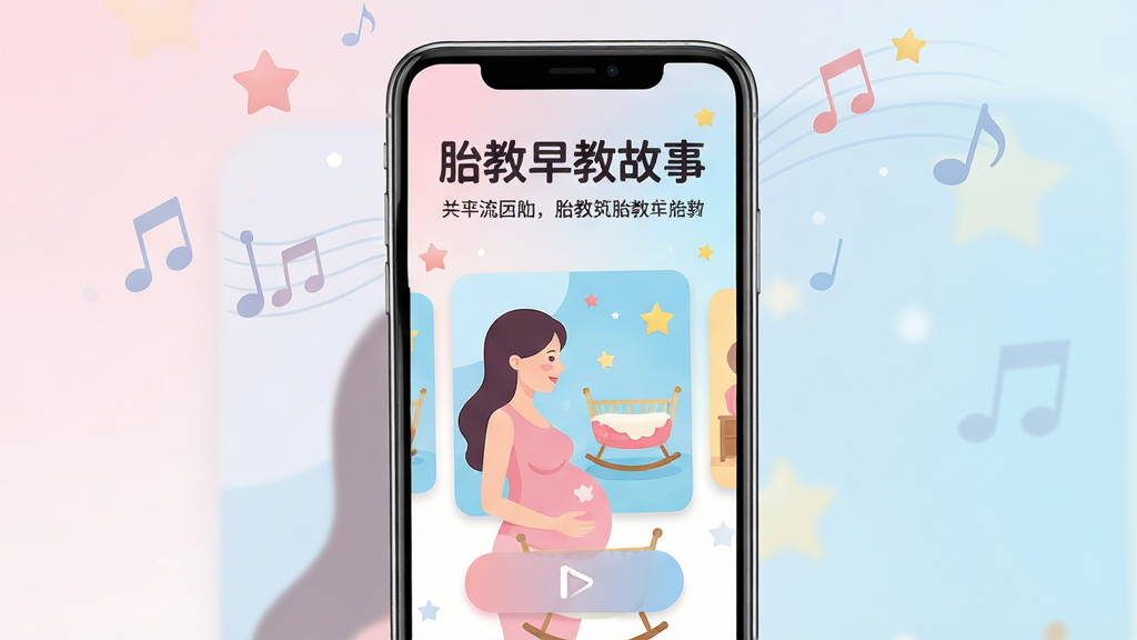 ����Ϊһ�������ֻ�����չʾ̥����̹���APP���棬�������й��·��濨Ƭ�벥�Ű�ť������Ϊ�ֻ����С���������͵ĵ���ɫ��ǳ��ɫ���䣬�Ű�Ϊ�Ϸ��������ơ�̥����̹��¡����·����ܽ������֣����Ϊ����ĸӤ�硢��ƽ���廭��ϸ�ڰ����и���Ӱ��ҡ�������ǡ�������СԪ�ص�׺�����ʸ��塢�ɾ����޶���Ԫ��