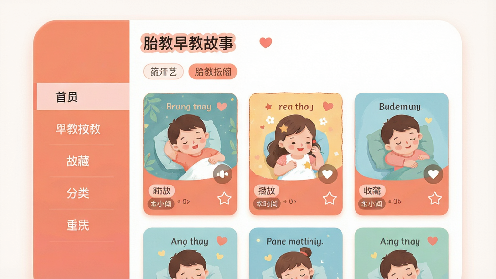 ����Ϊ̥����̹���APP�Ĺ����б�ҳ�棬����Ϊ�����ർ�������Ҳ���¿�Ƭ�����Ű�Ϊ�������⡰̥����̹��¡���ɸѡ��ǩ�����Ϊ��ů�ȷ�ɫϵ��ƽ��UI��ϸ�ڰ������·�������ͼ������ʱ����ǩ���ղ�ͼ�꣬���ʸ��塢�ɾ����޶���Ԫ��