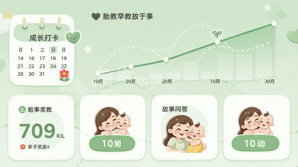 ����Ϊ̥����̹���APP�����ӻ���ҳ�棬����Ϊ�Ϸ��ɳ�����ͼ�����·������ʴ�Ƭ���Ű�Ϊ���ͳ�����֡��Ҳ໥����ť�����Ϊ���ǳ��ɫϵĸӤUI��ϸ�ڰ�����������С�컨����ͼ�ꡢ�ҳ��뱦����ͨ���󣬻��ʸ��塢�ɾ����޶���Ԫ��