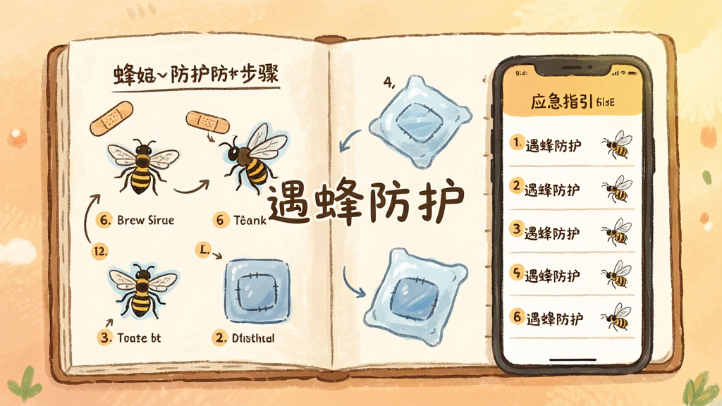 画面主体为一本打开的手册与手机并排摆放,手册页面绘制蜂类防护步骤图示,手机屏幕显示应急指引列表,布局为左右对称,风格为温暖柔和的手绘科普风,细节包括创可贴、冰袋、蜂类简笔画与步骤编号,画质清晰干净,无多余元素,图片中打文字“遇蜂防护”