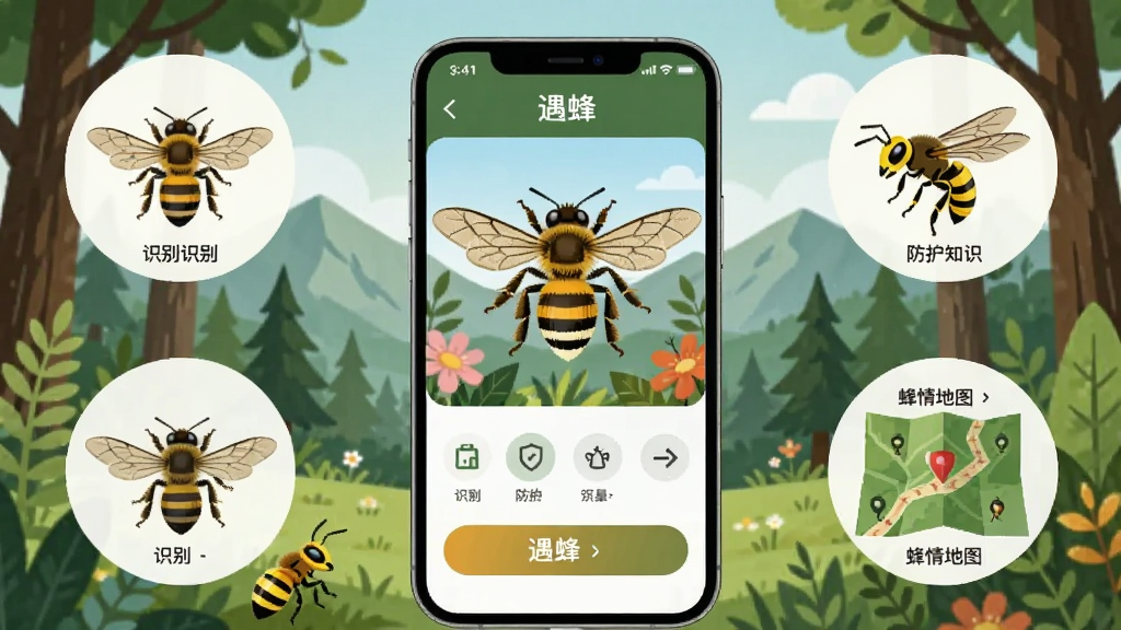 画面主体为一款智能手机,屏幕上显示蜂类识别界面,周围环绕着蜜蜂、胡蜂等蜂类插图与山林户外场景,布局采用居中构图,手机位于画面中央,四周用圆形图标展示识别、防护知识、蜂情地图等功能模块,风格为清新写实的扁平化插画,细节包括蜂类翅膀纹理、手机界面按钮与户外绿植,画质清晰干净,无多余元素,图片中打文字“遇蜂”