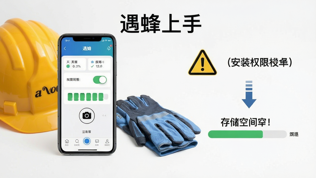 画面主体为一部手机横屏显示遇蜂应用的操作界面,旁边放置安全帽与手套,布局为手机居中偏左,右侧用警示图标与步骤箭头展示安装权限设置流程,风格为简洁实用的说明图风格,细节包括权限开关按钮、相机图标、存储空间示意条,画质清晰干净,无多余元素,图片中打文字“遇蜂上手”