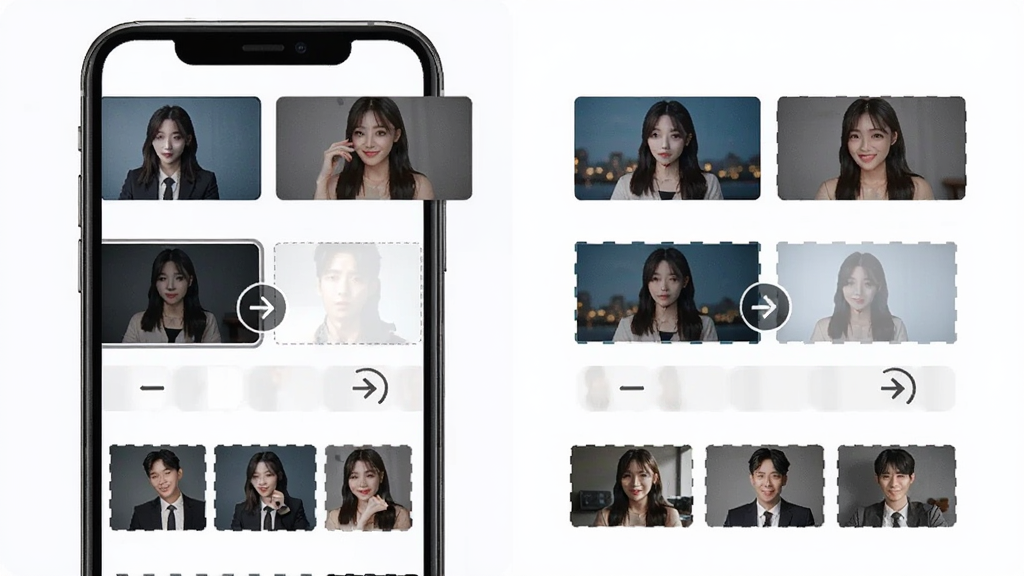 牛主播软件直播画面布局切换功能展示图,主体为手机屏幕内呈现多种分屏与画中画模板,布局为左右对比排列,排版整齐,风格清爽简约,细节包含画面边框、切换箭头、模板缩略图,画质清晰,画面干净,无多余元素