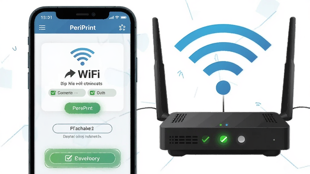 一部手机屏幕显示PeriPrint软件的WiFi连接提示界面,旁边有一台路由器指示灯亮起,画面中有醒目的网络信号图标和检查清单元素,风格为科技提示类插画,细节包括路由器天线和手机界面文字框,画质清晰明亮,无杂乱背景