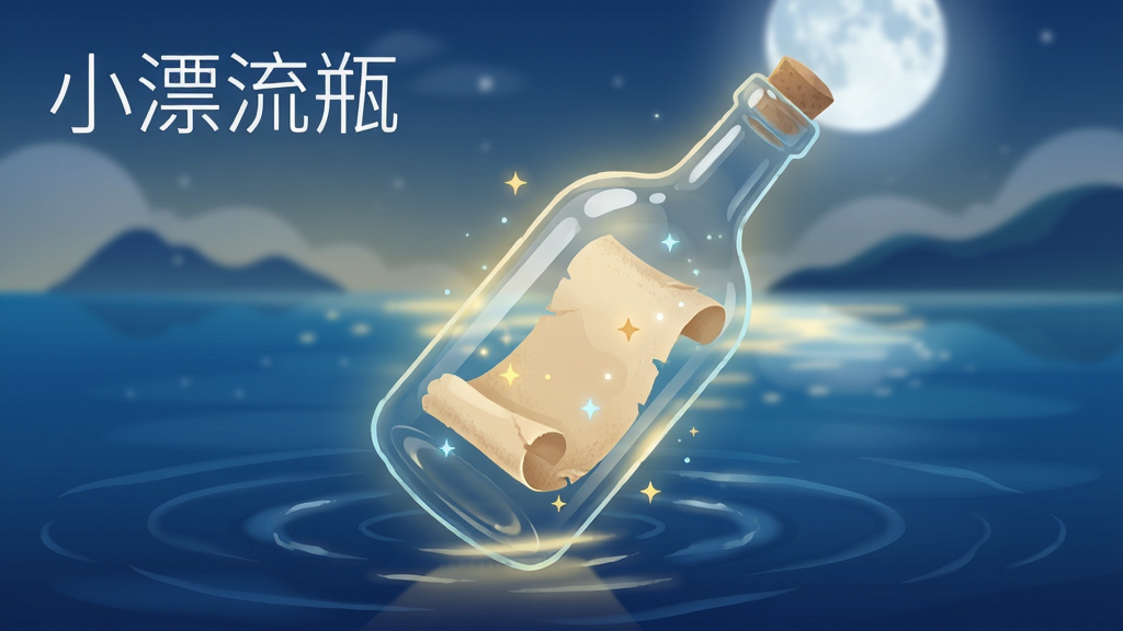 主体为一只半透明的发光玻璃漂流瓶悬浮在深蓝色渐变的海面之上,瓶内装有一张卷曲的米黄色信纸与几颗细小的星光粒子,背景是柔和的月光与远处模糊的岛屿剪影;布局采用居中构图,瓶子占据画面视觉中心,海面波纹向四周自然扩散;排版上在画面左上角以纤细的白色无衬线字体书写“小漂流瓶”四个字;整体风格为治愈系数字插画,融合扁平化与微光质感;细节处强调瓶身的玻璃反光、海面的粼粼波光以及信纸边缘的纤维纹理;画质要求高清细腻,画面干净通透,无多余杂乱元素,色彩以深蓝、暖黄、月白为主色调。