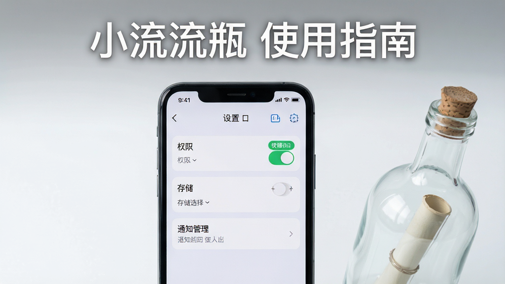 主体为一部智能手机屏幕特写,屏幕上显示小漂流瓶应用的「使用指南」设置界面,界面中包含权限开关、存储选择、通知管理等选项列表,手机旁边放置一个半透明玻璃漂流瓶作为装饰;布局为手机居中、瓶子位于右下角形成视觉平衡;排版上在画面顶部以简洁白色字体标注“小漂流瓶 使用指南”;风格为现代科技产品展示图,融合UI界面与实物元素;细节强调手机屏幕的清晰显示效果与瓶身的玻璃折射光感;画质高清锐利,背景干净无杂物,整体色调清爽明亮。