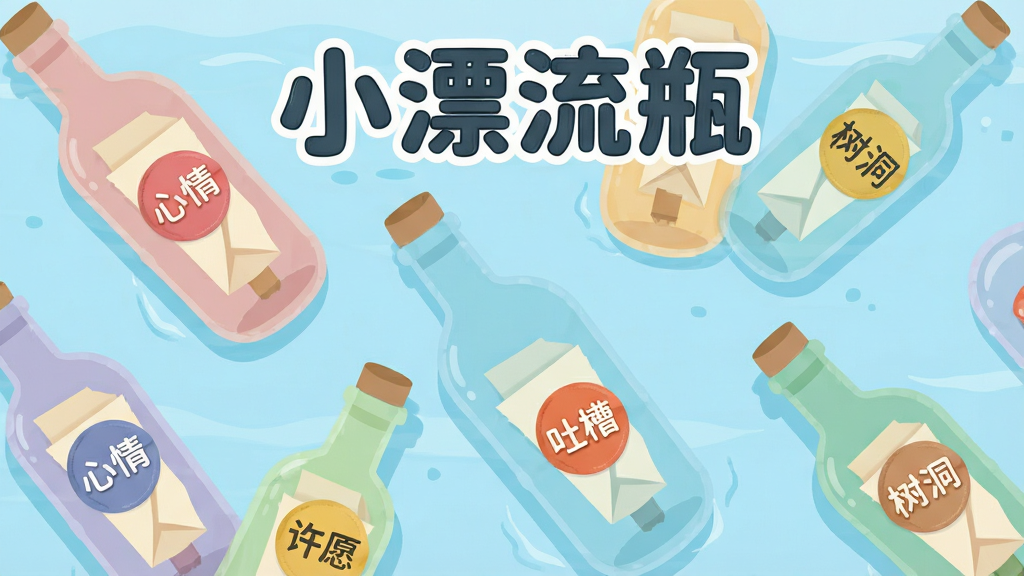 主体为多个色彩各异的半透明漂流瓶漂浮在浅蓝色海面上,每个瓶身外侧贴有不同颜色的圆形标签贴纸,标签上分别写有“心情”“许愿”“吐槽”“树洞”等字样;布局采用俯视视角,瓶子呈散落状分布;排版上在画面正上方以圆润的卡通字体书写“小漂流瓶”名称;风格为清新扁平化矢量插画;细节强调标签贴纸的圆角质感与瓶内信纸的折叠层次;画质干净明快,无杂乱背景元素,色彩柔和舒适。