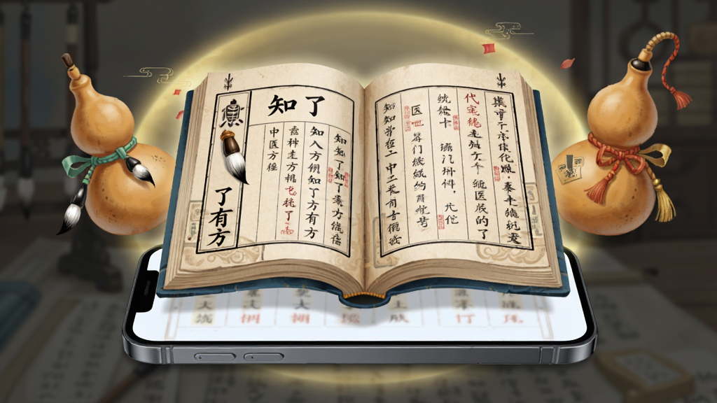 主体为一本展开的电子古籍悬浮于手机屏幕上方,书页上显示“知了有方”字样与中医方剂条文;布局为手机在下、古籍在上呈层叠状;排版居中对称;风格为国风典雅插画;细节包含毛笔、药葫芦、淡金色光晕;画质高清,干净,无多余元素