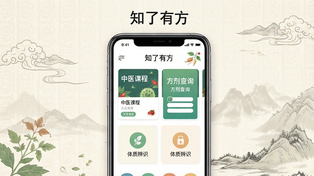 主体为一部竖屏智能手机,屏幕中央显示“知了有方”APP首页界面,包含中医课程卡片、方剂查询入口与体质辨识图标;布局为手机居中,背景为浅米色中式纹理;排版上方留白放置软件名称“知了有方”;风格为清新国风扁平化设计;细节包含淡墨色山水线条、药草点缀;画质高清,干净,无多余元素