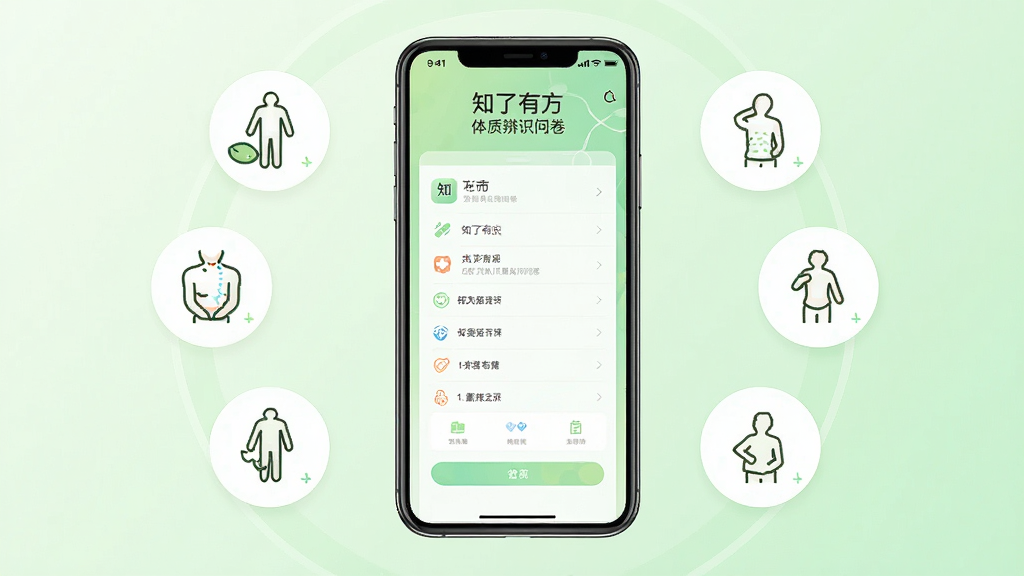 主体为手机屏幕展示“知了有方”体质辨识问卷界面,旁边配有九种体质图标环绕;布局为手机居中,图标呈环形分布;排版简洁明了;风格为现代扁平化健康类设计;细节包含淡绿色渐变背景、简洁线性图标;画质高清,干净,无多余元素