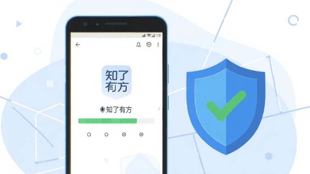 主体为一部安卓手机显示“知了有方”安装进度界面,旁边有盾牌图标与勾选标记;布局为手机居中偏左,盾牌在右;排版简洁;风格为科技安全类扁平插画;细节包含浅蓝色背景、几何线条;画质高清,干净,无多余元素
