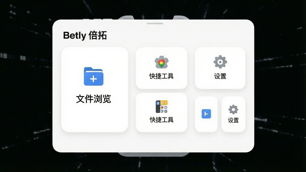 一张展示手机应用功能面板的界面图,画面中央是“Betly 倍拓”的聚合式功能面板,面板上整齐排列着多个圆角矩形功能卡片,卡片上分别写有“文件浏览”“快捷工具”“设置”等字样,卡片按使用频率由大到小排列;背景为纯白色,风格为简洁的UI界面展示,细节上卡片间距均匀、图标清晰,画质高清,画面干净无杂乱元素