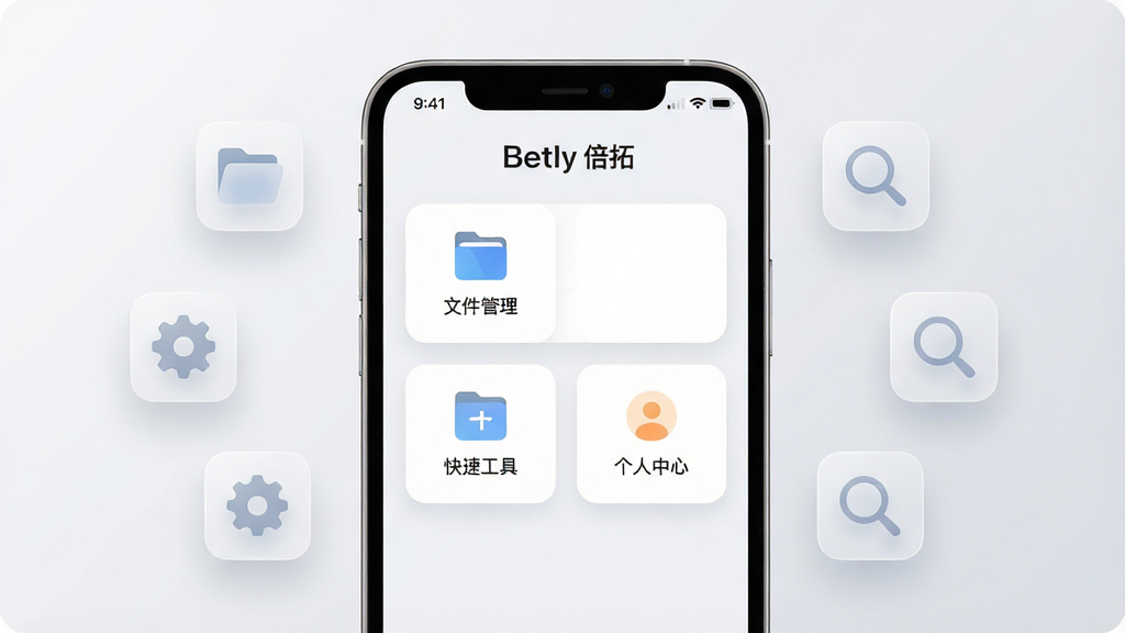 画面主体为一款智能手机屏幕,屏幕中央显示“Betly 倍拓”应用主界面,界面采用浅色卡片式布局,包含文件管理、快捷工具、个人中心三个主要模块图标;手机四周环绕悬浮的半透明功能图标,如文件夹、齿轮、放大镜;整体布局居中对称,背景为干净的浅灰渐变,风格为现代扁平化UI展示风格,细节上图标边缘圆润、阴影柔和,画质清晰锐利,画面干净无多余元素