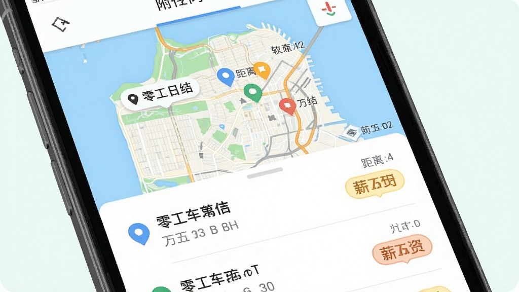 手机屏幕显示地图与岗位分布标记,主体为零工日结软件附近岗位页面,布局为上半部分地图下半部分列表,排版清晰,风格为清新浅色系,细节包含定位图标、距离标注与薪资标签,画质高清干净无多余元素