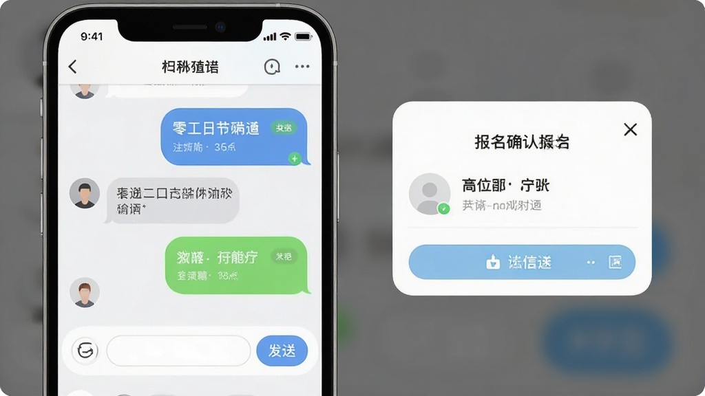 手机聊天界面与报名确认弹窗,主体为零工日结软件沟通页面,布局为对话气泡与岗位信息卡片结合,排版上下结构,风格为柔和圆角设计,细节包含发送按钮、状态标签与头像占位,画质高清干净无多余元素
