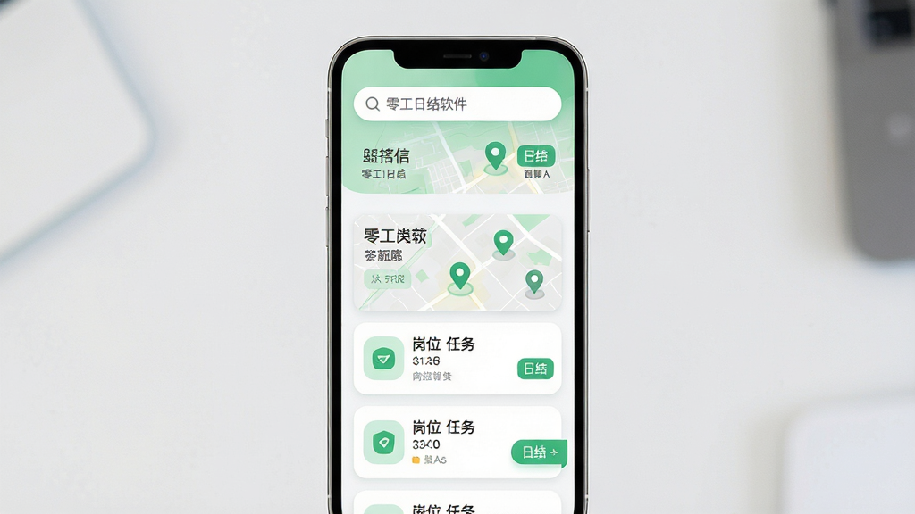 手机应用界面展示,主体为一部竖屏智能手机,屏幕上显示零工日结软件首页,包含岗位列表卡片、地图定位图标与日结标签,布局简洁清晰,排版采用上下结构顶部搜索栏下方为任务信息流,风格为现代扁平化UI设计,细节包含圆角图标、浅色背景与绿色点缀,画质高清干净无多余元素