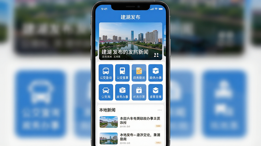 手机屏幕竖版构图,主体为建湖发布应用首页界面,布局上方轮播图展示建湖城市风光与新闻标题,中部为公交查询与政务办事入口图标矩阵,下方为本地新闻信息流列表,风格简洁现代扁平化,细节包含蓝色主色调、白色卡片式设计、清晰的中文字体标题,画质清晰锐利,干净无多余装饰元素
