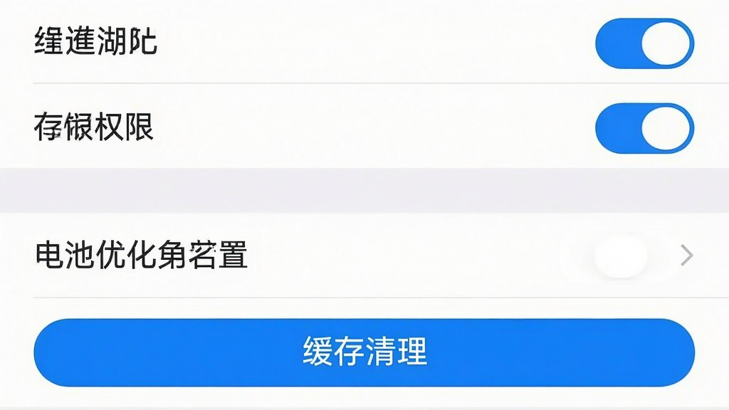 手机设置界面截图风格,主体为建湖发布应用权限管理页面,布局上方显示定位与存储权限开关,中部为电池优化白名单设置项,下方为缓存清理按钮,风格简洁系统设置风,细节包含清晰的中文标签文字、蓝色高亮开关状态、规整的列表排版,画质清晰,干净无多余图标