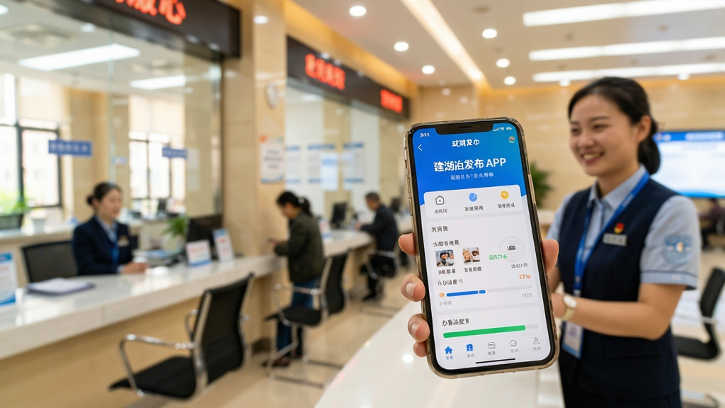 政务服务中心大厅场景,主体为市民使用手机展示建湖发布APP办事界面,布局前景为手机屏幕特写显示办事进度条,背景虚化为服务窗口与引导台,风格温暖生活化摄影风,细节包含清晰的APP界面元素、工作人员微笑指引、明亮室内光线,画质细腻,干净无干扰元素