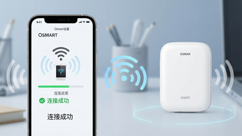 Osmart�豸���ӽ��棬��������Ϊ�ֻ��������豸֮�����������ʾ�⣬����Ϊ���ҶԳƣ��Ű�������ӽ�������״̬���֣����Ϊ��ˬǳɫ�Ƽ��磬ϸ�����źŲ��ơ��豸ͼ���롰���ӳɹ������������ʸɾ��������޶���Ԫ��