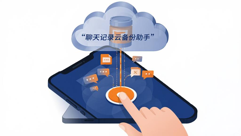 画面主体为一只手轻触手机屏幕中央的圆形备份按钮,按钮下方延伸出数据流线条连接至上方半透明的云朵存储罐;布局为上下结构,手机在下云朵在上;排版突出中央按钮与数据流动线;风格为现代扁平插画,色调以深蓝与亮橙对比;细节上数据流中夹杂微小的聊天气泡与文件图标,云朵表面标注引号文字“聊天记录云备份助手”;画质清晰,背景纯净无杂乱元素。