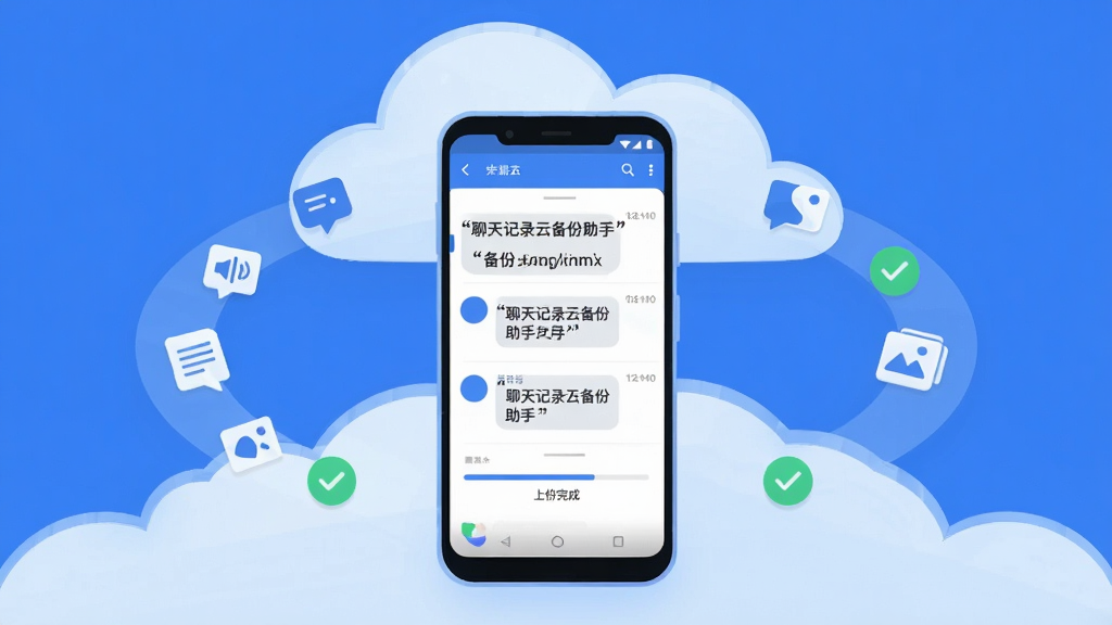 画面主体为一部安卓智能手机悬浮在淡蓝色云朵上方,手机屏幕显示聊天记录列表与上传进度条,周围环绕着代表文字、语音、图片的简约图标;布局采用居中对称构图,手机位于画面中央偏下,云朵在上方托举;排版清晰,图标沿手机两侧弧形排列;风格为扁平化科技插画风,色彩以蓝白为主,点缀少量绿色对勾符号;细节上手机边框圆润,屏幕内文字使用引号标注为“聊天记录云备份助手”与“备份完成”;画质高清,画面干净整洁,无多余装饰元素。