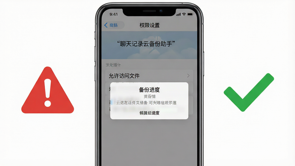 画面主体为一部手机屏幕显示权限设置界面与备份进度弹窗,旁边放置一个红色警示三角图标与绿色对勾图标;布局为手机居中,图标分列左右;排版突出警示与提示对比;风格为写实UI示意图,色调以白灰为主辅以红绿点缀;细节上屏幕内文字标注引号“聊天记录云备份助手”与“允许访问文件”;画质清晰,画面干净无杂乱背景。