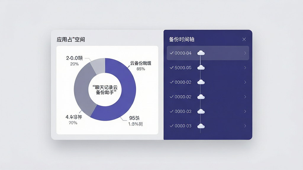 画面主体为一块悬浮的数字化仪表盘界面,左侧显示饼状图标注不同应用占用空间比例,右侧为备份时间轴列表;布局为左右分栏,仪表盘居中悬浮于浅灰背景之上;排版整齐,图表与列表对齐;风格为简约商务数据可视化风格,配色以灰白与靛蓝为主;细节上饼图区块标注引号文字“聊天记录云备份助手”,时间轴节点带有小云朵图标;画质精细,界面干净无干扰元素。