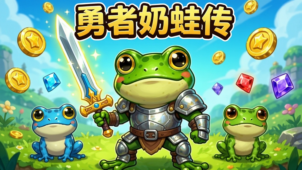画面中央是一只身穿银色铠甲手持发光长剑的青蛙勇者,左右两侧各有一只不同颜色的小青蛙伙伴,背景为漂浮着金币与经验宝石的奇幻草地,顶部用卡通字体写着