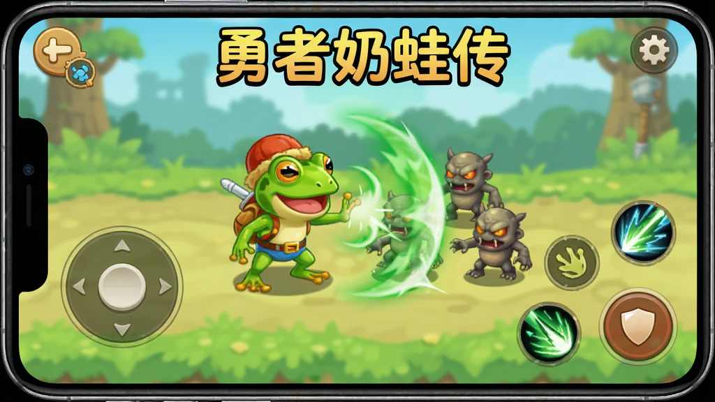 特写展示手机屏幕上的虚拟摇杆与技能按钮界面,画面中央青蛙勇者正在释放一圈绿色冲击波技能击退前方的小怪物,屏幕上方用卡通字体写着