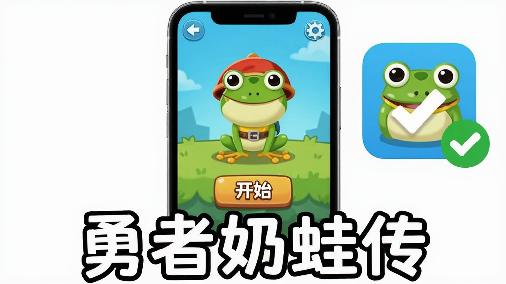 一部智能手机屏幕显示勇者奶蛙传的游戏主界面,界面中央有青蛙勇者角色和开始游戏按钮,屏幕旁边漂浮着安装包图标与对勾标记,画面下方用卡通字体写着