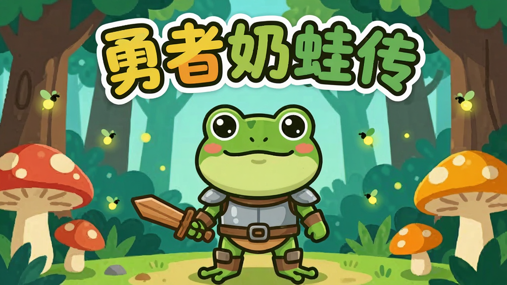 一只可爱的绿色青蛙勇者身穿简易铠甲手持小木剑站在森林入口处,周围有蘑菇和萤火虫,画面中央上方用圆润卡通字体写着