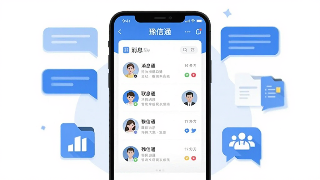 画面中央放置一部智能手机,屏幕显示豫信通应用主界面,包含消息列表与联系人头像,手机两侧分布聊天气泡、文件图标与团队协作符号,整体采用扁平化插画风格,色调以蓝白为主,背景干净简洁,构图居中对称,画质清晰锐利,无多余装饰元素