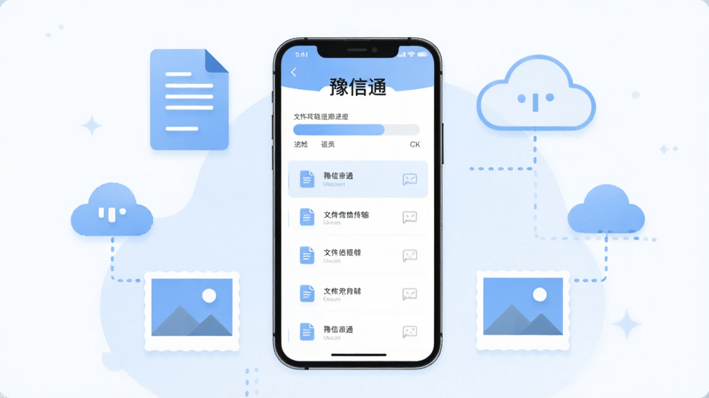 画面展示豫信通文件传输界面,手机屏幕中央显示文件传输进度条与文件列表,周围环绕文档图标、图片缩略图与云朵符号,风格为现代扁平插画,主色调为浅蓝与白色,布局清晰有序,画质干净细腻,背景无杂乱元素