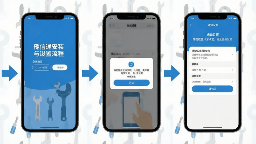 画面描绘豫信通安装与设置流程,手机屏幕依次展示安装进度、权限开启弹窗与通知设置界面,周围以步骤箭头串联,风格为简洁扁平化图示,色调以蓝白灰为主,布局纵向排列清晰,画质干净利落,背景无多余元素