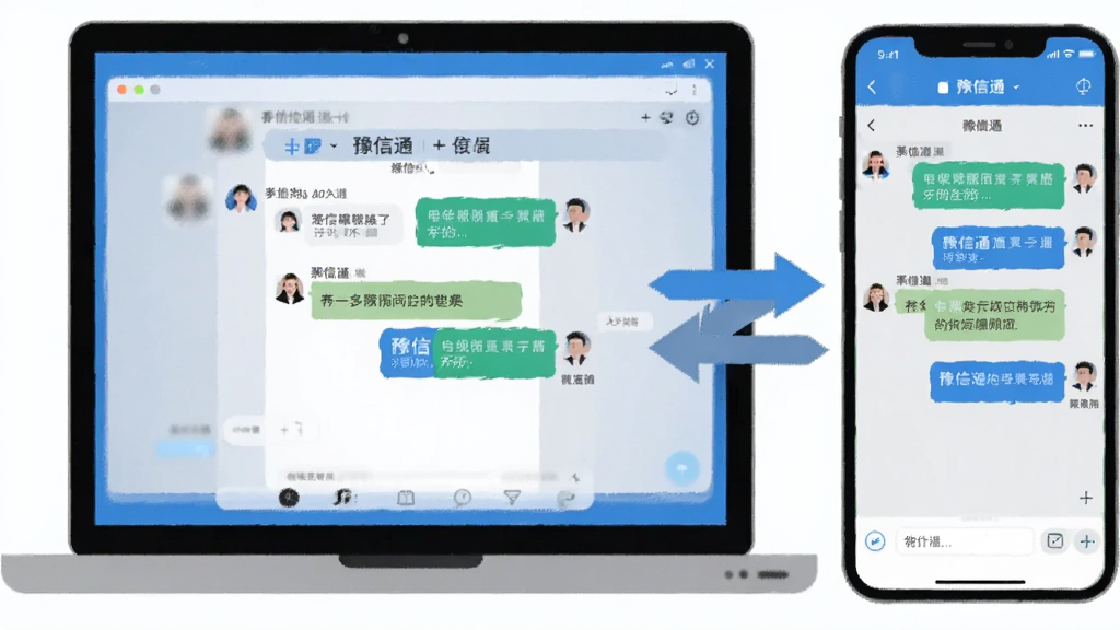 画面呈现多设备同步场景,左侧为笔记本电脑屏幕显示豫信通聊天窗口,右侧为智能手机屏幕显示相同对话内容,中间以双向箭头连接,整体为扁平化科技插画风格,色调蓝灰相间,构图左右对称,画质清晰,背景简洁无干扰