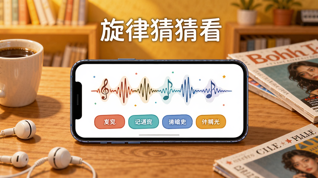 画面展示一部手机横放在木质桌面上,屏幕显示音符波形与四个选项按钮,旁边散落耳机、咖啡杯和几本音乐杂志,背景为暖黄色调的书房环境,采用写实与插画结合的风格,构图自然,细节丰富,画质高清,画面中打上文字“旋律猜猜看”,整体干净整洁