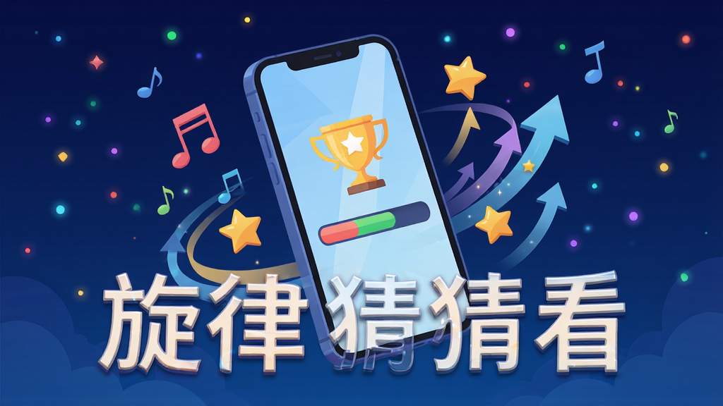 画面中一部手机悬浮在空中,屏幕显示关卡进度条与奖杯图标,周围有音符、星星和上升箭头环绕,背景为深蓝色夜空与彩色光点,采用扁平化矢量插画风格,构图富有动感,细节精致,画质清晰,画面中打上文字“旋律猜猜看”,无杂乱元素