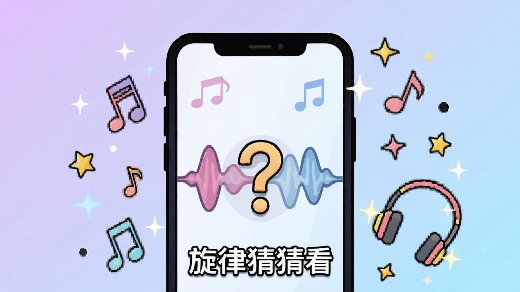画面中央是一部竖屏智能手机,屏幕里显示音乐波浪与问号音符图标,手机周围环绕彩色音符、耳机和闪烁的星星,背景为浅紫到浅蓝的柔和渐变,整体采用扁平卡通插画风格,细节干净利落,构图居中对称,画质清晰明亮,画面中打上文字“旋律猜猜看”,无多余元素