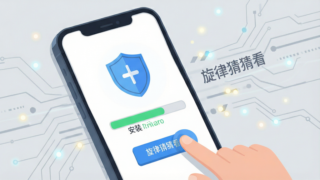 画面中一部手机屏幕显示安装进度条与盾牌安全图标,旁边有手指点击按钮的动作,背景为浅灰色科技感线条与光点,采用简洁扁平插画风格,构图清晰直观,细节干净,画质明亮,画面中打上文字“旋律猜猜看”,无多余装饰