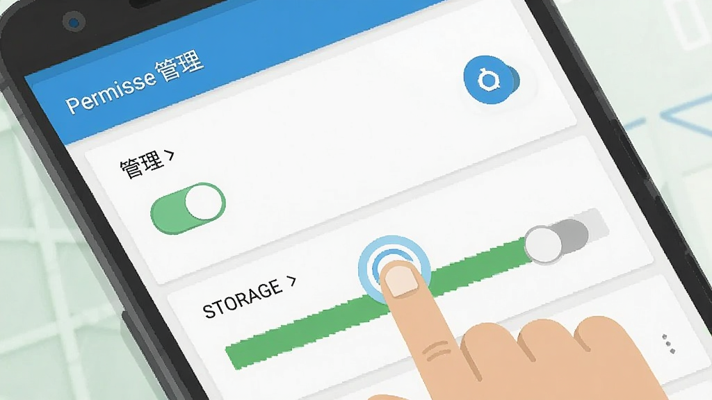 一张展示安卓手机设置界面的示意图,界面中包含权限管理与存储选项,旁边有手指点击图标,布局为手机屏幕特写、图标排列整齐,风格扁平化UI示意图,细节包括权限开关与存储条,画质清晰,干净,无多余元素