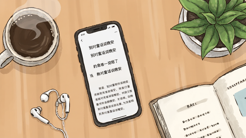 一张展示手机与耳机、书本摆放于桌面的场景插画,手机屏幕上显示别对童话说晚安的文字阅读界面,旁边有咖啡杯与绿植,布局为桌面俯视视角、物品错落摆放,风格生活化插画,细节包括屏幕文字排版与杯口热气,画质清晰,干净,无多余元素