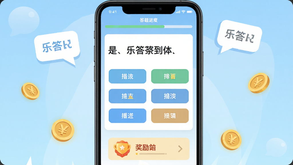 手机应用界面展示,画面中央是一部竖屏智能手机,屏幕上显示乐答答题界面,顶部有答题进度条,中部是题目文字与四个选项按钮,底部有奖励提示图标,背景为浅蓝色渐变,周围点缀答题气泡与金币元素,整体风格清爽明亮,扁平化设计,细节清晰,画质干净,无多余元素