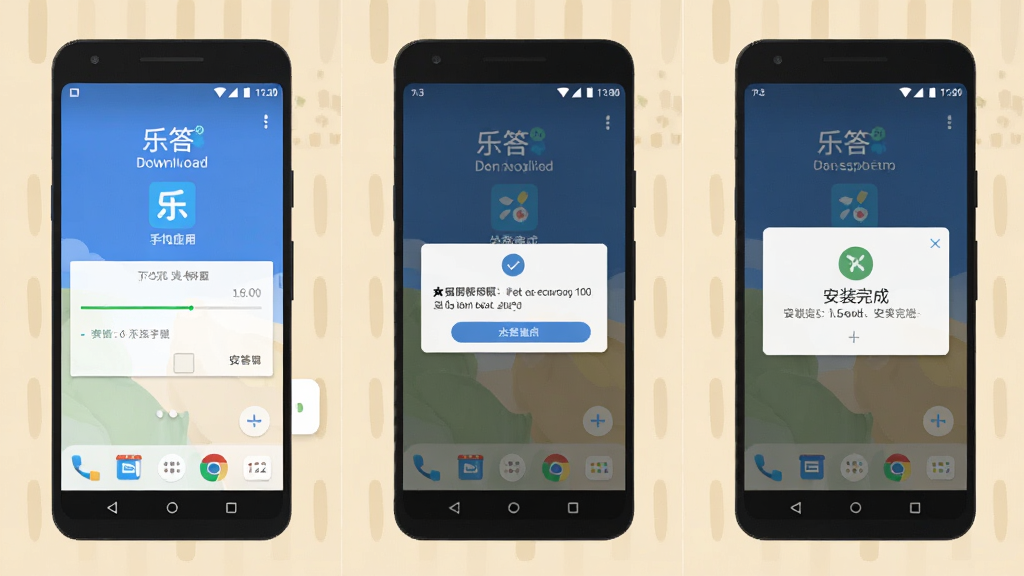 手机操作示意图,画面展示乐答应用在安卓手机上的安装流程,包含下载进度条、权限弹窗、安装完成提示三个步骤,背景为浅色桌面,风格简洁直观,扁平插画,细节清晰,画质干净,无多余元素