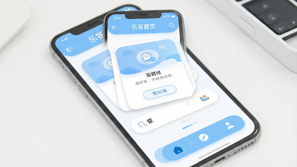 手机界面设计稿展示,画面为乐答首页布局示意图,包含顶部标题栏、中部答题卡片、底部导航按钮,配色为浅蓝与白色搭配,圆角卡片设计,风格清新简约,细节清晰,画质干净,无多余元素
