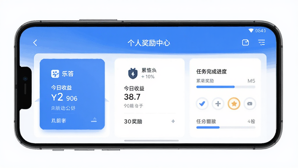 手机应用个人中心界面,屏幕显示乐答的奖励统计面板,包含今日收益、累计奖励、任务完成进度等数据卡片,配色以蓝白为主,图标简洁,布局规整,扁平化风格,画质清晰,无多余元素