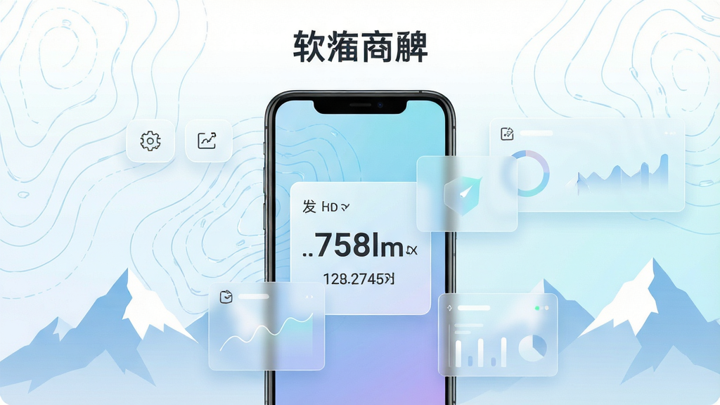 主体为一部竖屏安卓手机,屏幕中央显示海拔高度数字与经纬度坐标卡片,布局为手机居中、四周环绕淡蓝色等高线纹理与雪山剪影,排版上下分层、上方留白放软件名,风格为清爽科技风插画,细节包含细线图标、半透明数据面板、柔和渐变背景,画质高清、干净、无多余元素