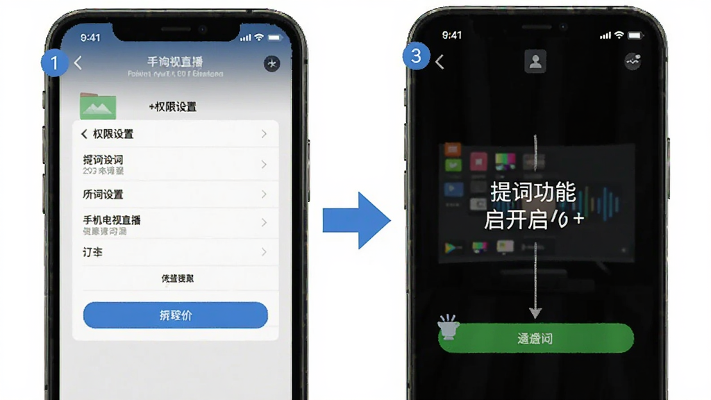 手机电视直播提词软件使用教程示意图,手机屏幕展示权限设置页面和提词功能开启步骤,画面中有箭头指引和步骤编号,风格扁平化,布局清晰,细节丰富,高清画质,干净无多余元素