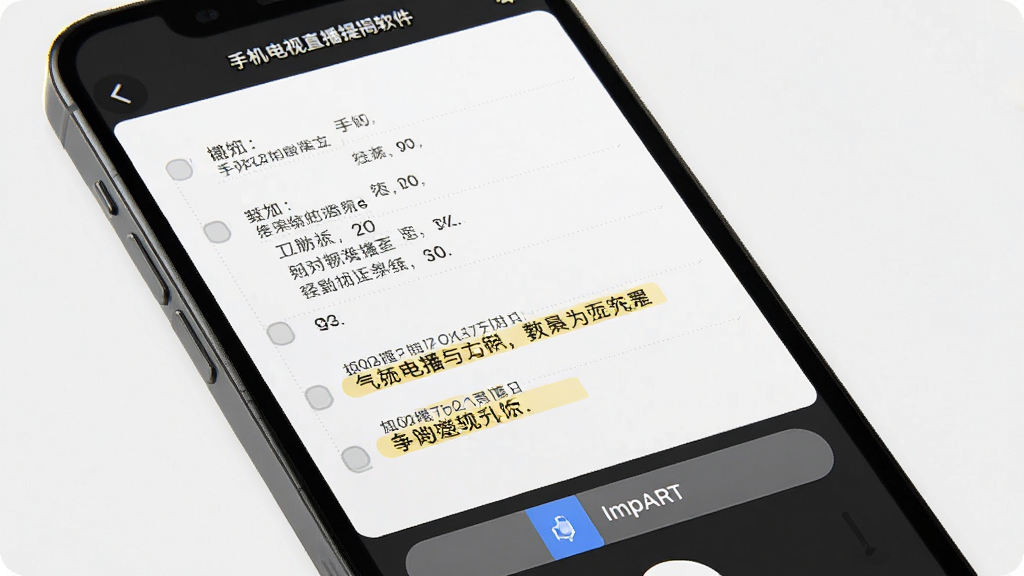 手机电视直播提词软件脚本编辑界面,手机屏幕显示文本编辑区域和导入按钮,编辑区有分段标记和高亮文字,整体风格商务简洁,布局清晰,细节精致,高清画质,干净无多余元素