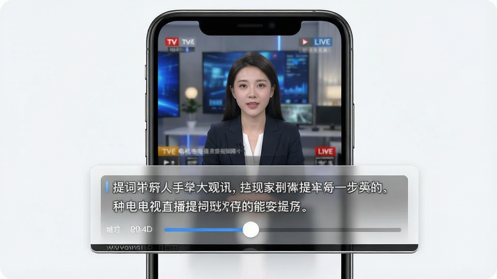 手机电视直播提词软件功能展示,手机屏幕上半部分播放电视直播画面,下半部分显示滚动提词文字,提词区域带有半透明背景和调节滑块,整体布局合理,风格清爽,细节丰富,高清画质,干净无多余元素